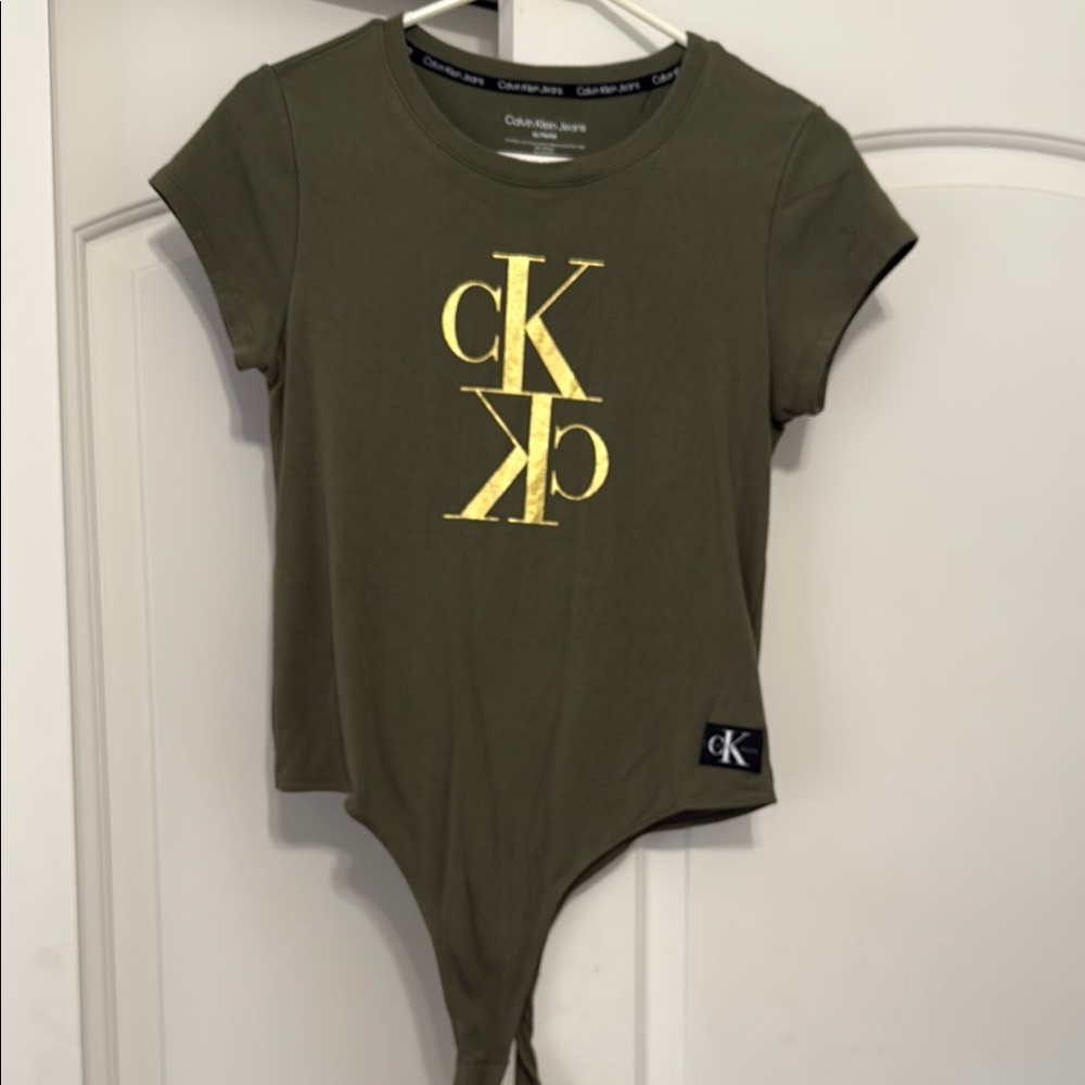 Calvin Klein Khaki Bodysuit with Metallic Logo